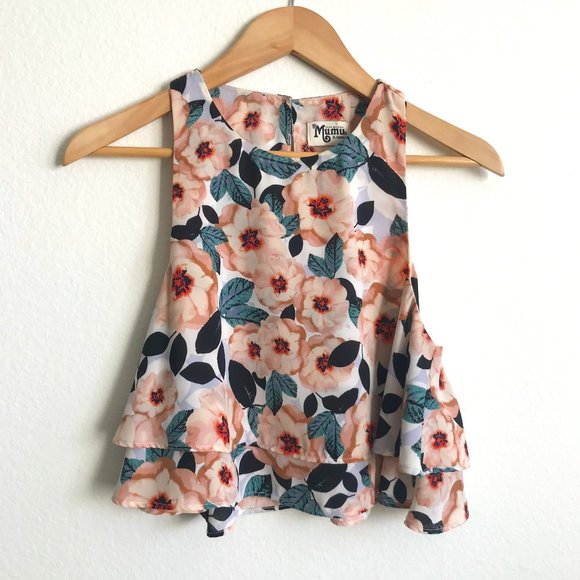 Show Me Your MuMu Tops - Show Me Your MUMU King Crop Top Peach Floral Cropped Layered Sleeveless Tank XS